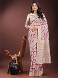 Shree Shyam Fashion Elegant Beige & Coral Linen Saree with Zari Border and Abstract Pattern - Premium Festive & Office Wear | Grocsy
