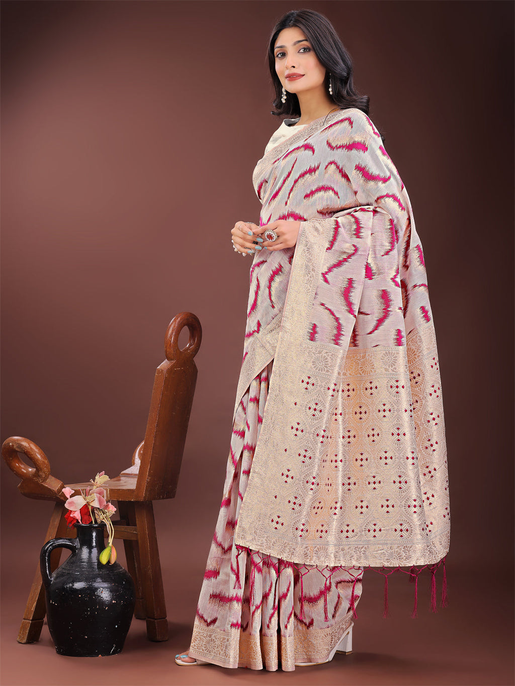 Shree Shyam Fashion Elegant Beige & Coral Linen Saree with Zari Border and Abstract Pattern - Premium Festive & Office Wear | Grocsy