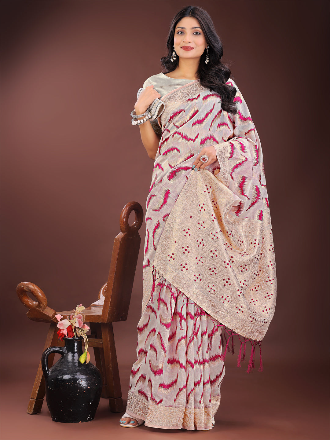 Shree Shyam Fashion Elegant Beige & Coral Linen Saree with Zari Border and Abstract Pattern - Premium Festive & Office Wear | Grocsy