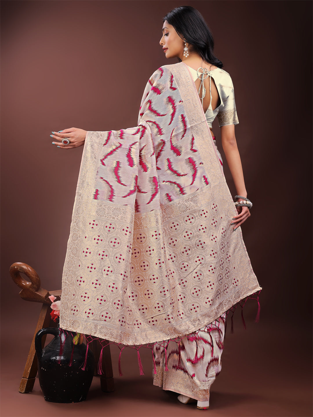 Shree Shyam Fashion Elegant Beige & Coral Linen Saree with Zari Border and Abstract Pattern - Premium Festive & Office Wear | Grocsy