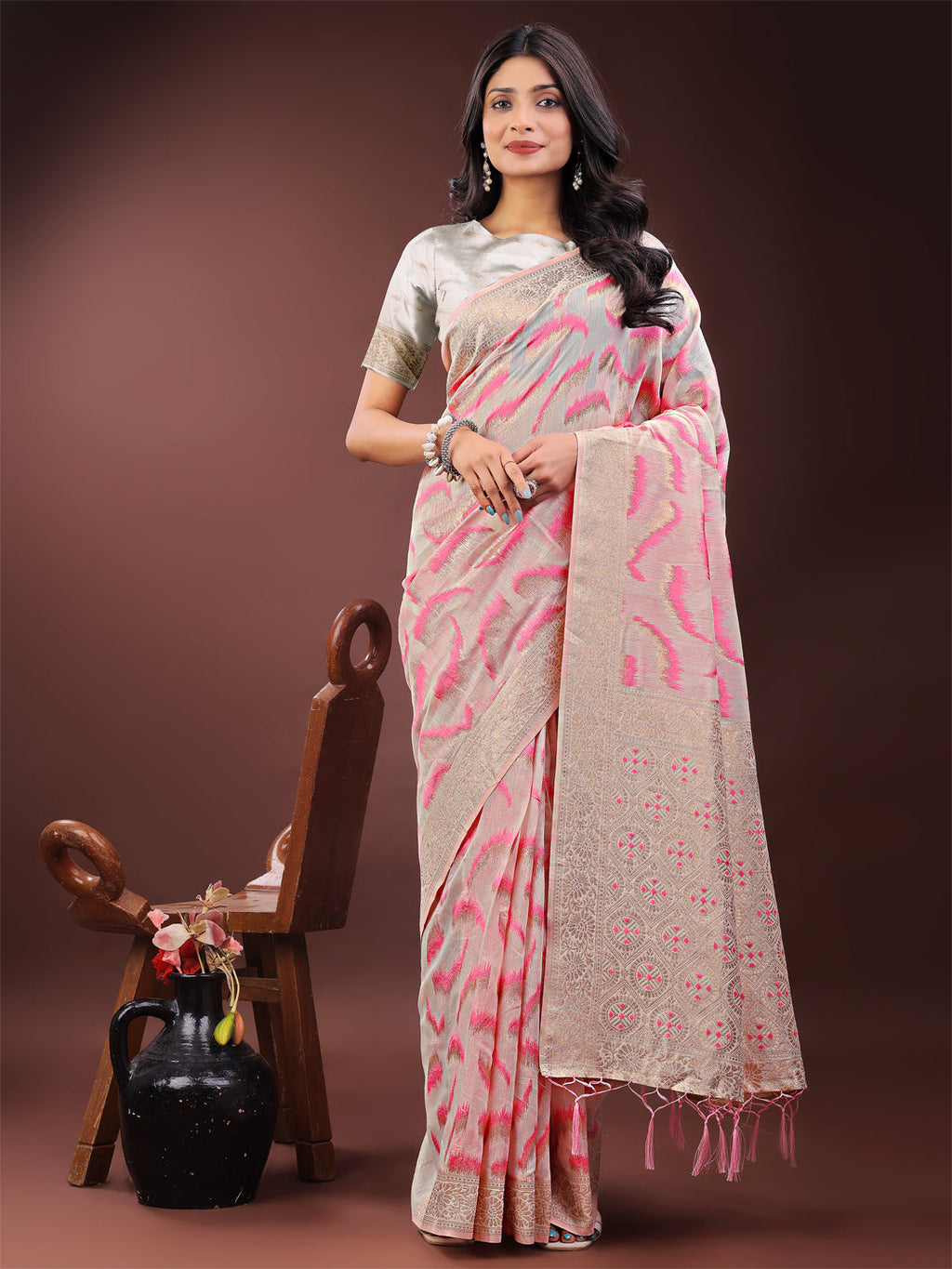 Shree Shyam Fashion Elegant Beige & Coral Linen Saree with Zari Border and Abstract Pattern - Premium Festive & Office Wear | Grocsy