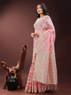 Shree Shyam Fashion Elegant Beige & Coral Linen Saree with Zari Border and Abstract Pattern - Premium Festive & Office Wear | Grocsy