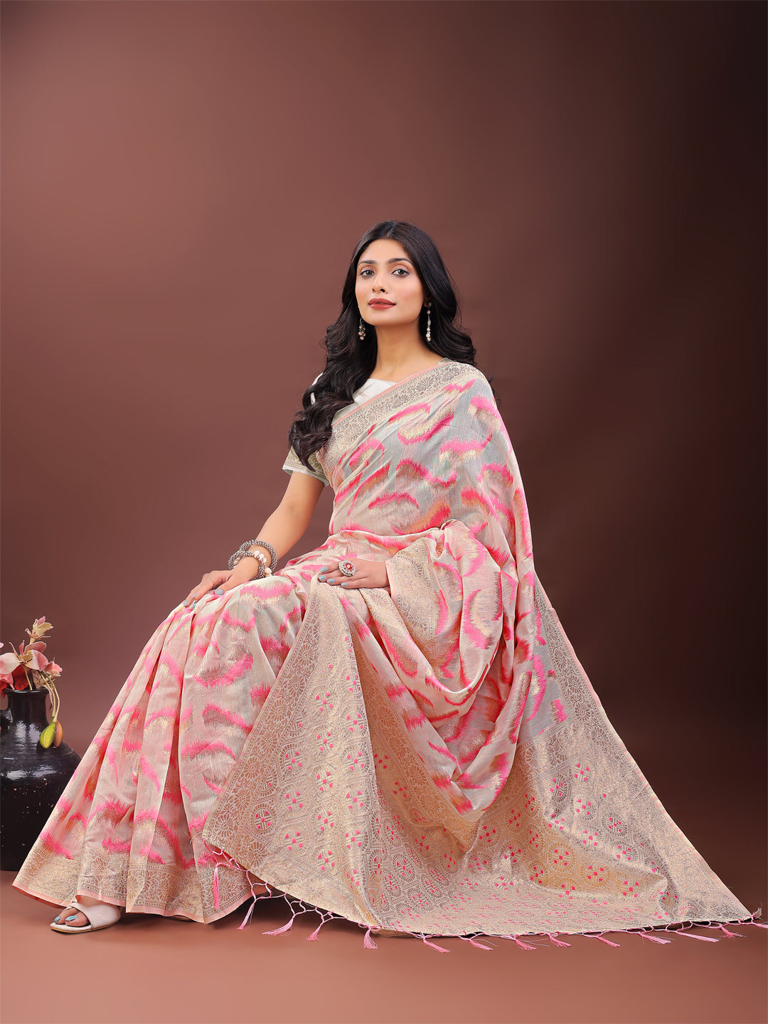 Shree Shyam Fashion Elegant Beige & Coral Linen Saree with Zari Border and Abstract Pattern - Premium Festive & Office Wear | Grocsy