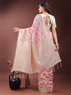 Shree Shyam Fashion Elegant Beige & Coral Linen Saree with Zari Border and Abstract Pattern - Premium Festive & Office Wear | Grocsy