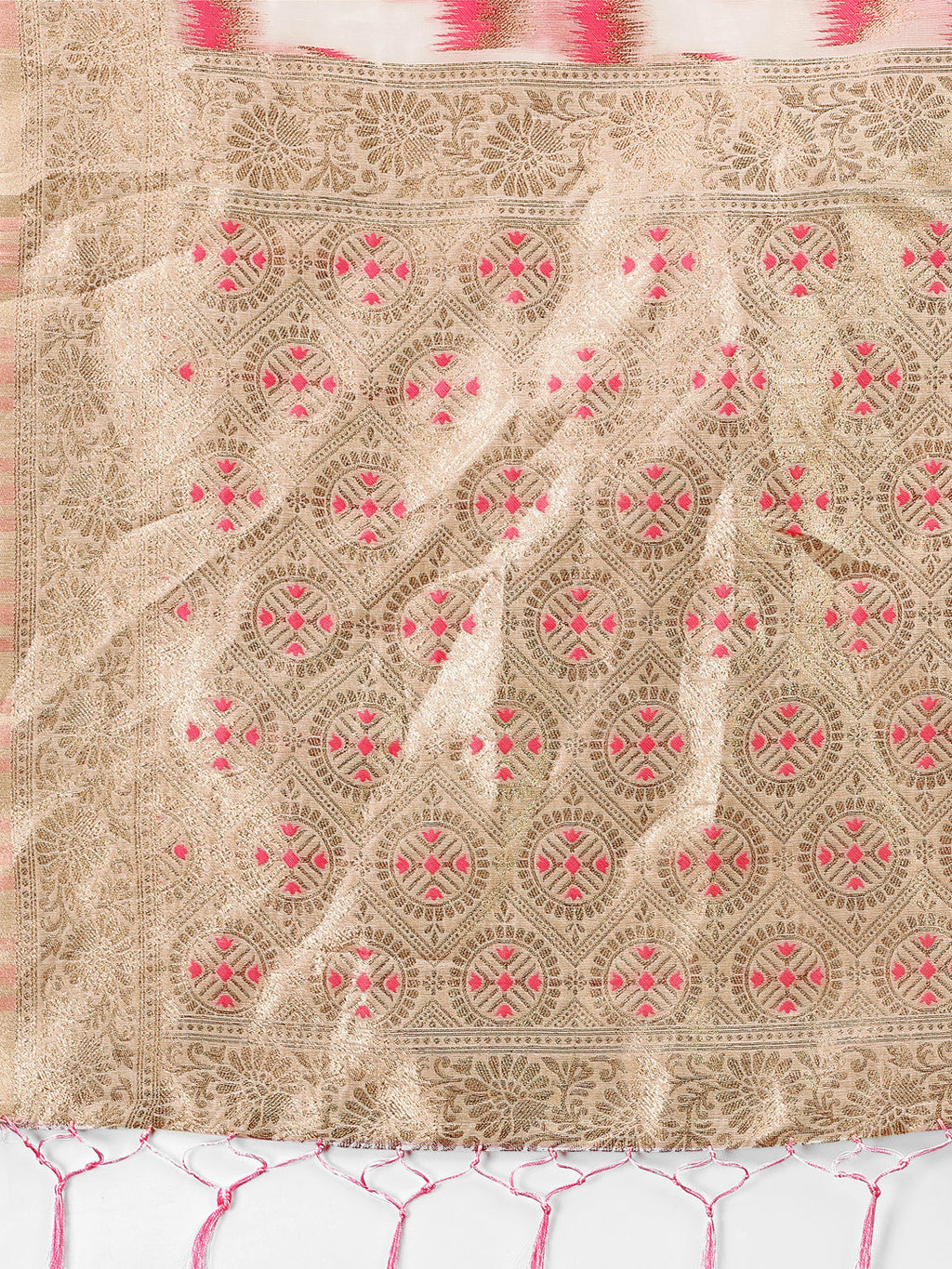 Shree Shyam Fashion Elegant Beige & Coral Linen Saree with Zari Border and Abstract Pattern - Premium Festive & Office Wear | Grocsy