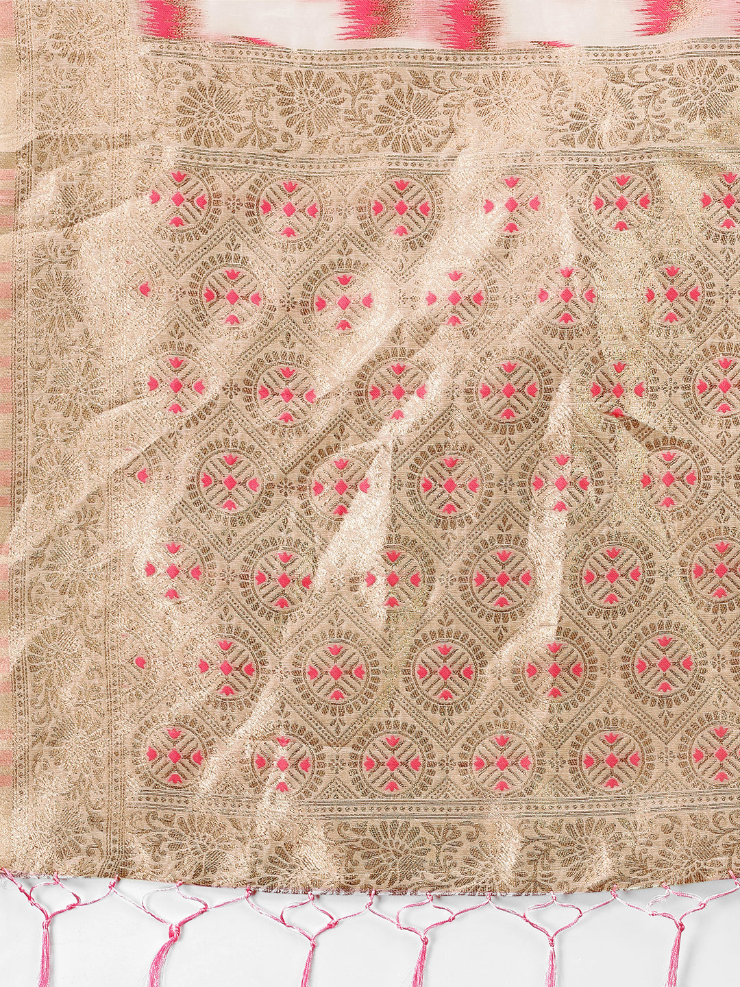 Shree Shyam Fashion Elegant Beige & Coral Linen Saree with Zari Border and Abstract Pattern - Premium Festive & Office Wear | Grocsy