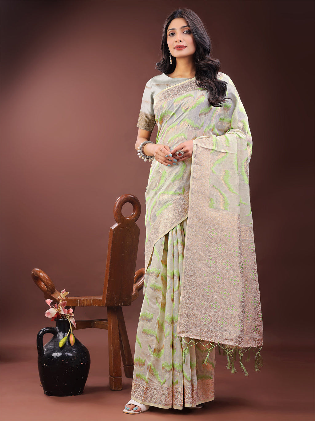 Shree Shyam Fashion Elegant Beige & Coral Linen Saree with Zari Border and Abstract Pattern - Premium Festive & Office Wear | Grocsy