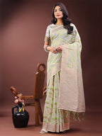 Shree Shyam Fashion Elegant Beige & Coral Linen Saree with Zari Border and Abstract Pattern - Premium Festive & Office Wear | Grocsy