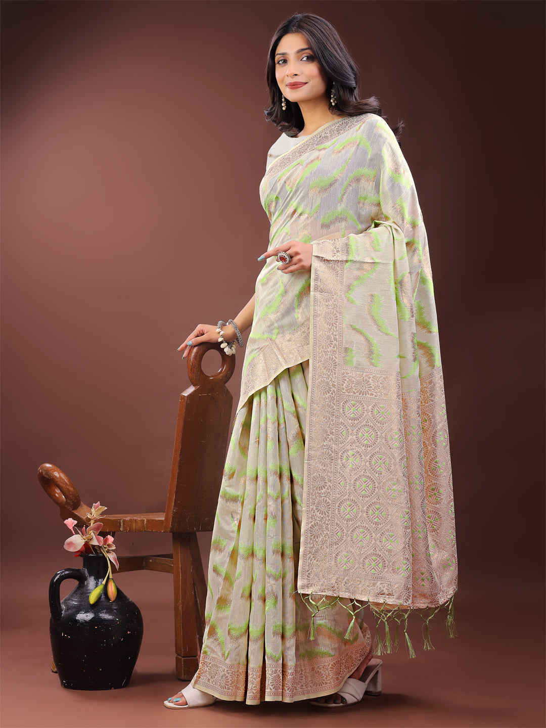 Shree Shyam Fashion Elegant Beige & Coral Linen Saree with Zari Border and Abstract Pattern - Premium Festive & Office Wear | Grocsy