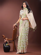 Shree Shyam Fashion Elegant Beige & Coral Linen Saree with Zari Border and Abstract Pattern - Premium Festive & Office Wear | Grocsy