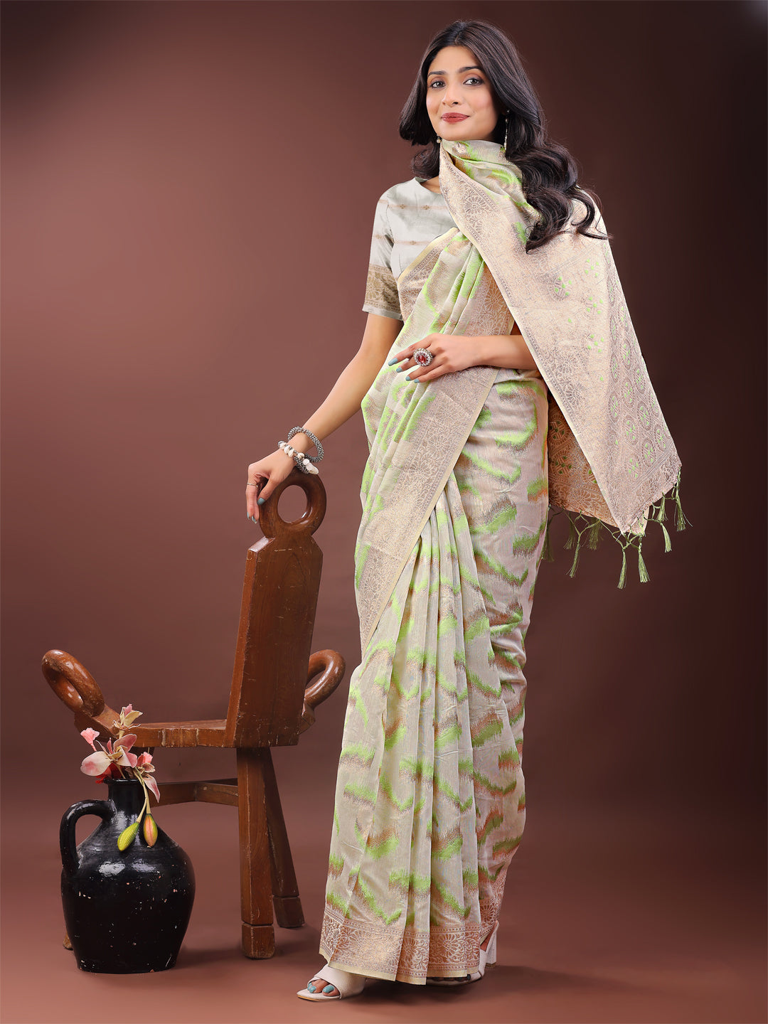Shree Shyam Fashion Elegant Beige & Coral Linen Saree with Zari Border and Abstract Pattern - Premium Festive & Office Wear | Grocsy