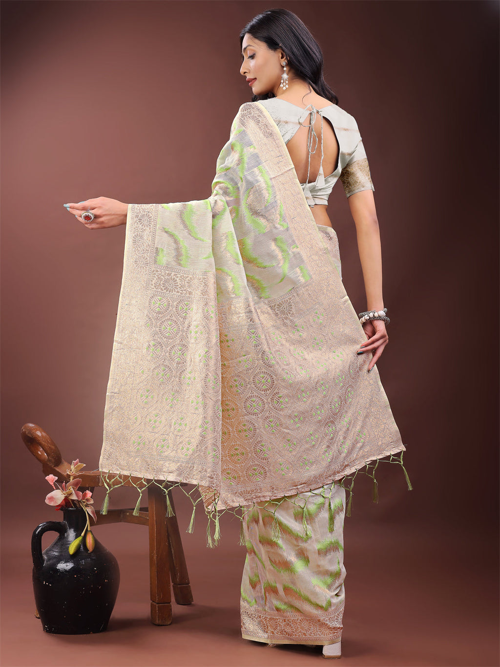 Shree Shyam Fashion Elegant Beige & Coral Linen Saree with Zari Border and Abstract Pattern - Premium Festive & Office Wear | Grocsy