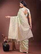 Shree Shyam Fashion Elegant Beige & Coral Linen Saree with Zari Border and Abstract Pattern - Premium Festive & Office Wear | Grocsy