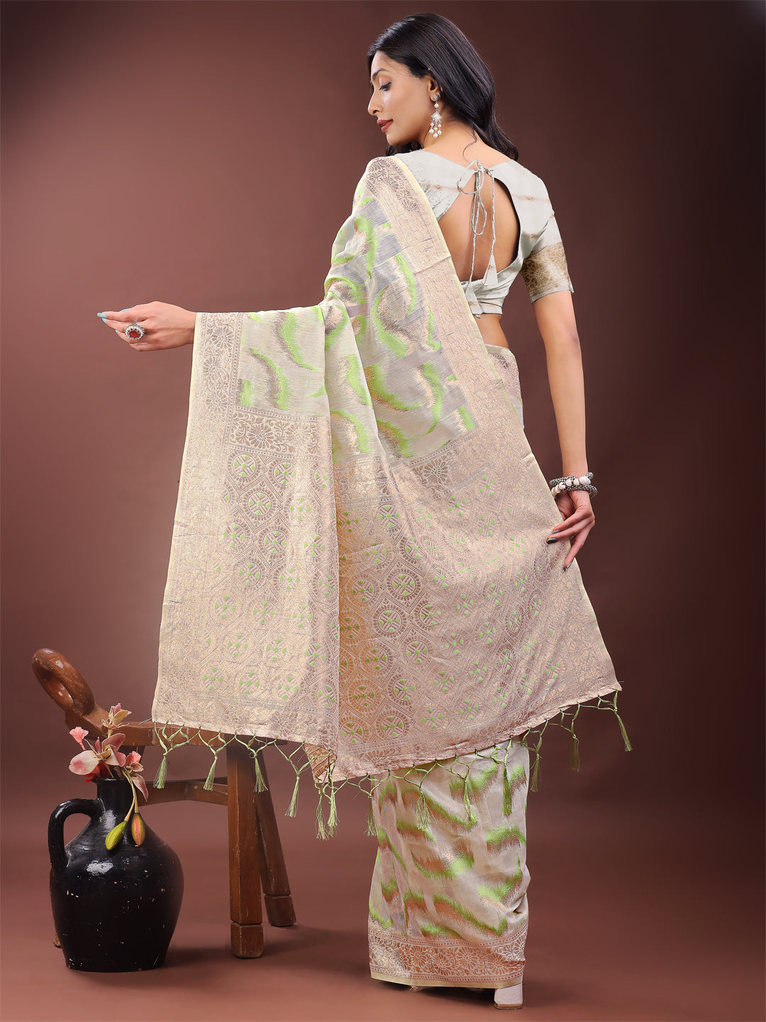 Shree Shyam Fashion Elegant Beige & Coral Linen Saree with Zari Border and Abstract Pattern - Premium Festive & Office Wear | Grocsy
