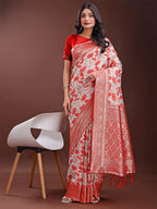 Shree Shyam Fashion Stunning Beige & Red Linen Saree with Floral Print and Rich Zari Pallu - Festive & Traditional Wear | Grocsy