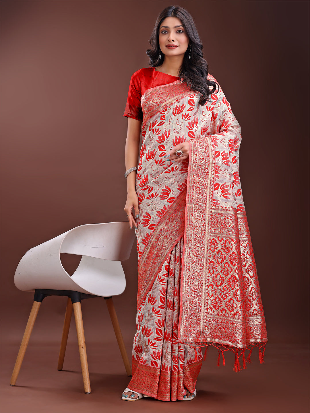 Shree Shyam Fashion Stunning Beige & Red Linen Saree with Floral Print and Rich Zari Pallu - Festive & Traditional Wear | Grocsy