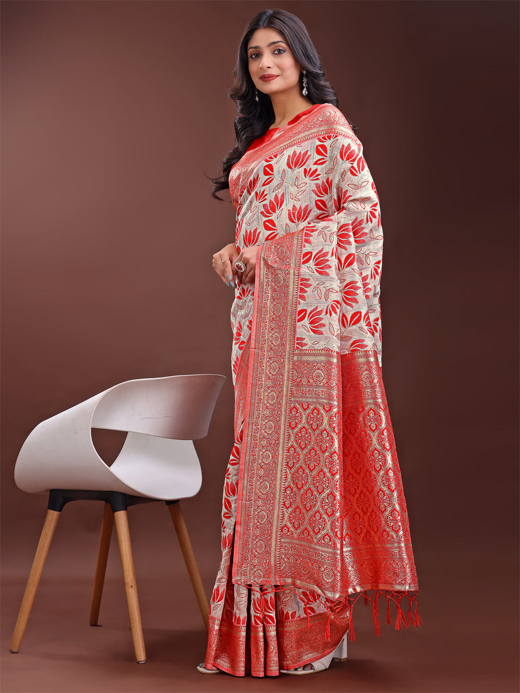 Shree Shyam Fashion Stunning Beige & Red Linen Saree with Floral Print and Rich Zari Pallu - Festive & Traditional Wear | Grocsy