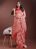 Shree Shyam Fashion Stunning Beige & Red Linen Saree with Floral Print and Rich Zari Pallu - Festive & Traditional Wear | Grocsy