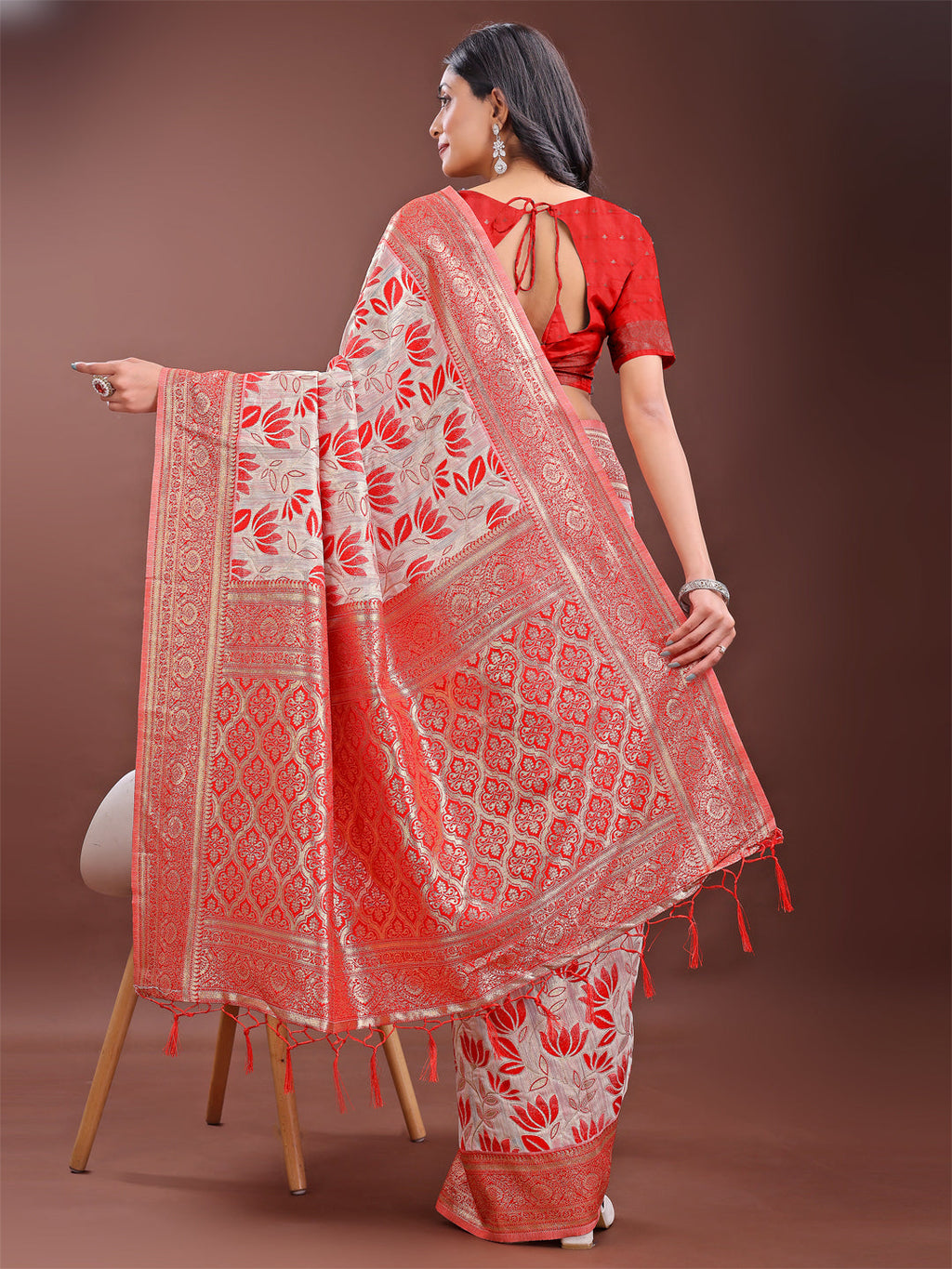 Shree Shyam Fashion Stunning Beige & Red Linen Saree with Floral Print and Rich Zari Pallu - Festive & Traditional Wear | Grocsy
