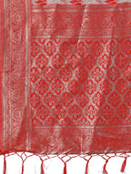 Shree Shyam Fashion Stunning Beige & Red Linen Saree with Floral Print and Rich Zari Pallu - Festive & Traditional Wear | Grocsy