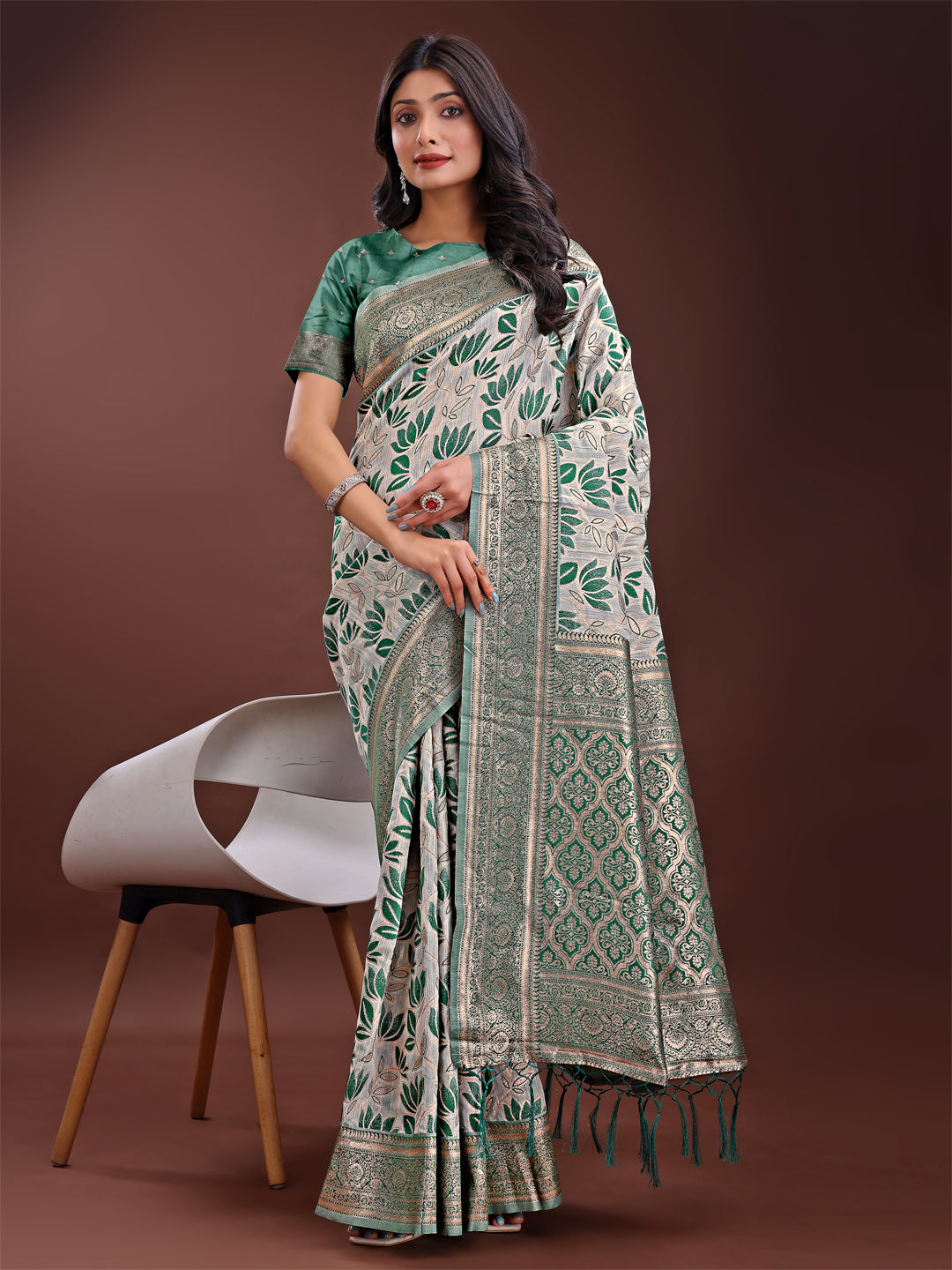 Shree Shyam Fashion Stunning Beige & Green Linen Saree with Floral Print and Rich Zari Pallu - Festive & Traditional Wear | Grocsy