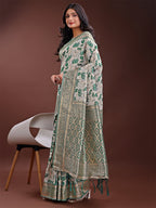 Shree Shyam Fashion Stunning Beige & Green Linen Saree with Floral Print and Rich Zari Pallu - Festive & Traditional Wear | Grocsy