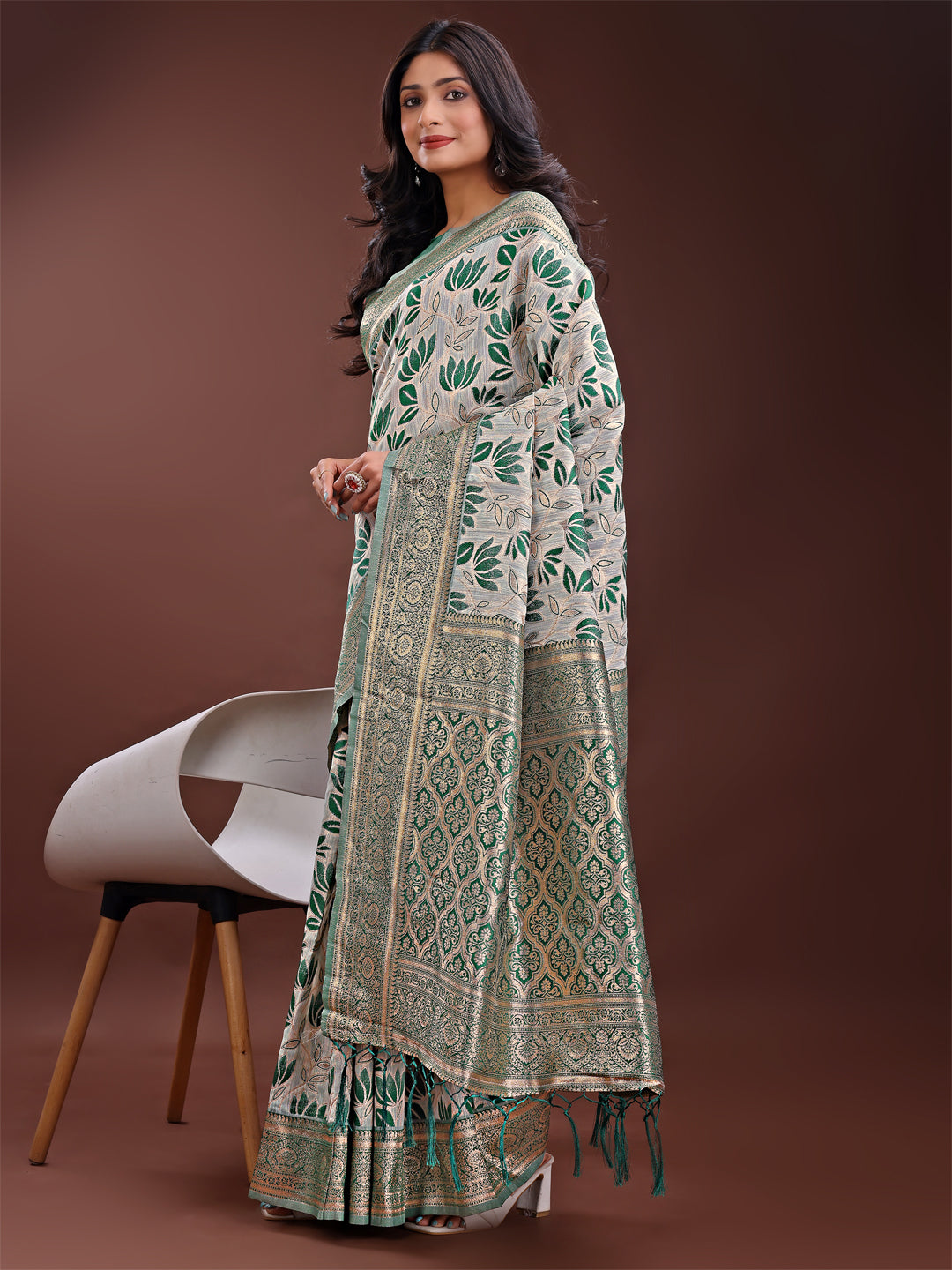Shree Shyam Fashion Stunning Beige & Green Linen Saree with Floral Print and Rich Zari Pallu - Festive & Traditional Wear | Grocsy