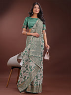 Shree Shyam Fashion Stunning Beige & Green Linen Saree with Floral Print and Rich Zari Pallu - Festive & Traditional Wear | Grocsy