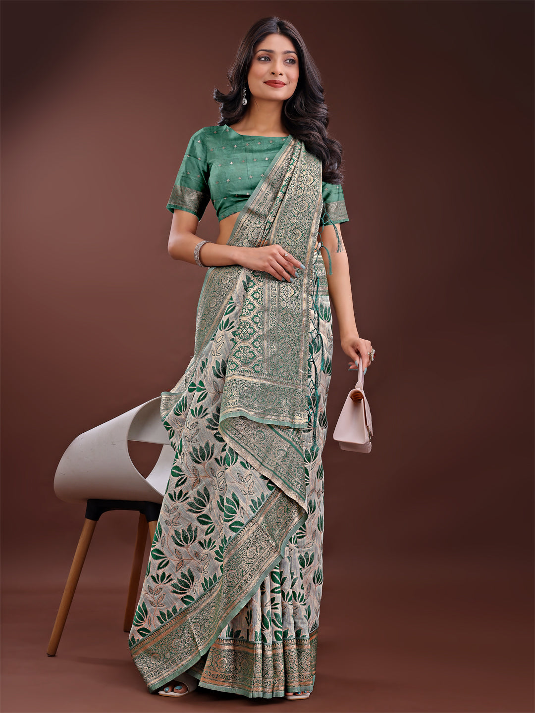 Shree Shyam Fashion Stunning Beige & Green Linen Saree with Floral Print and Rich Zari Pallu - Festive & Traditional Wear | Grocsy