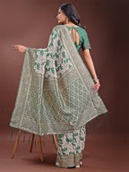 Shree Shyam Fashion Stunning Beige & Green Linen Saree with Floral Print and Rich Zari Pallu - Festive & Traditional Wear | Grocsy