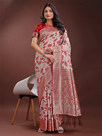 Shree Shyam Fashion Stunning Beige & Red Linen Saree with Floral Print and Rich Zari Pallu - Festive & Traditional Wear | Grocsy