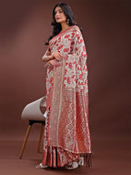 Shree Shyam Fashion Stunning Beige & Red Linen Saree with Floral Print and Rich Zari Pallu - Festive & Traditional Wear | Grocsy