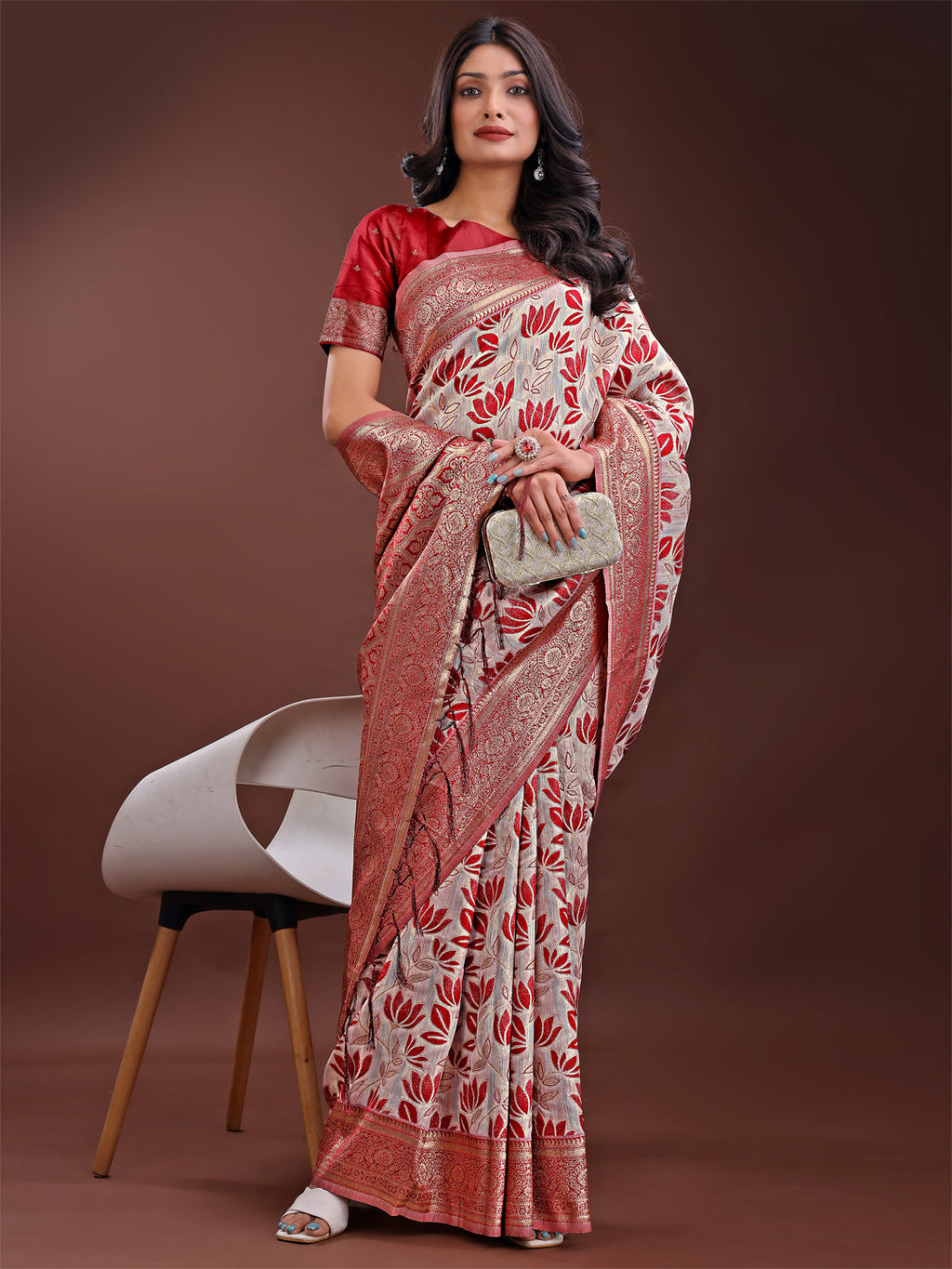 Shree Shyam Fashion Stunning Beige & Red Linen Saree with Floral Print and Rich Zari Pallu - Festive & Traditional Wear | Grocsy