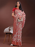 Shree Shyam Fashion Stunning Beige & Red Linen Saree with Floral Print and Rich Zari Pallu - Festive & Traditional Wear | Grocsy