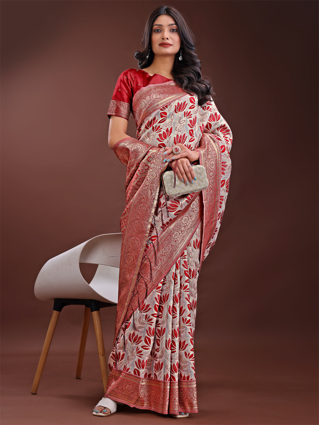 Shree Shyam Fashion Stunning Beige & Red Linen Saree with Floral Print and Rich Zari Pallu - Festive & Traditional Wear | Grocsy