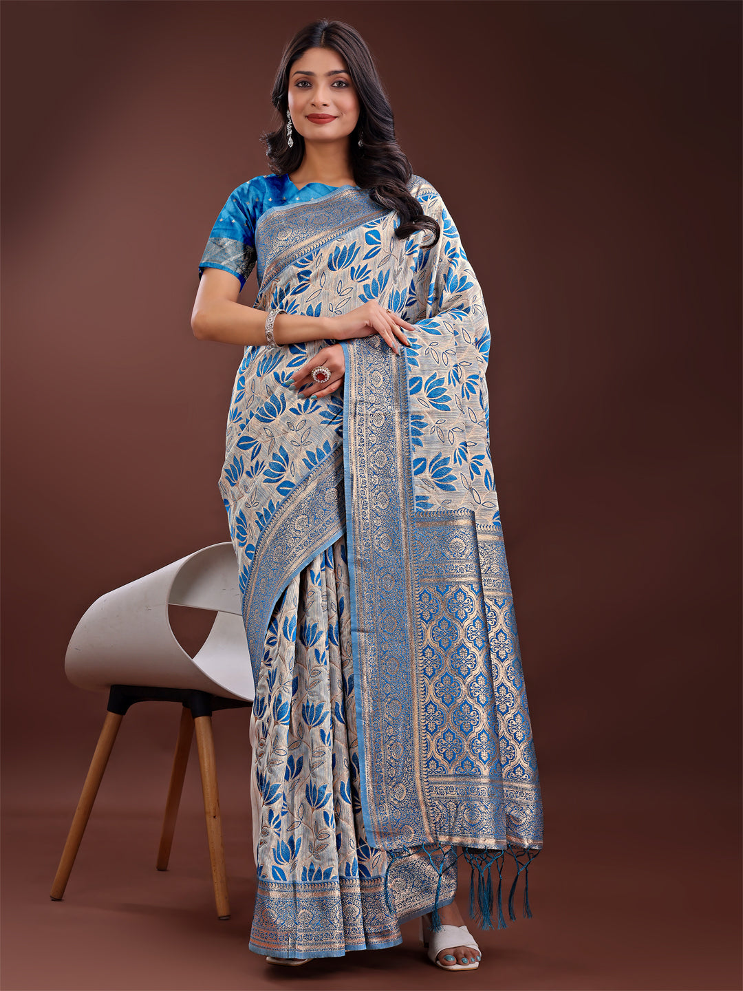 Shree Shyam Fashion Stunning Beige & Red Linen Saree with Floral Print and Rich Zari Pallu - Festive & Traditional Wear | Grocsy