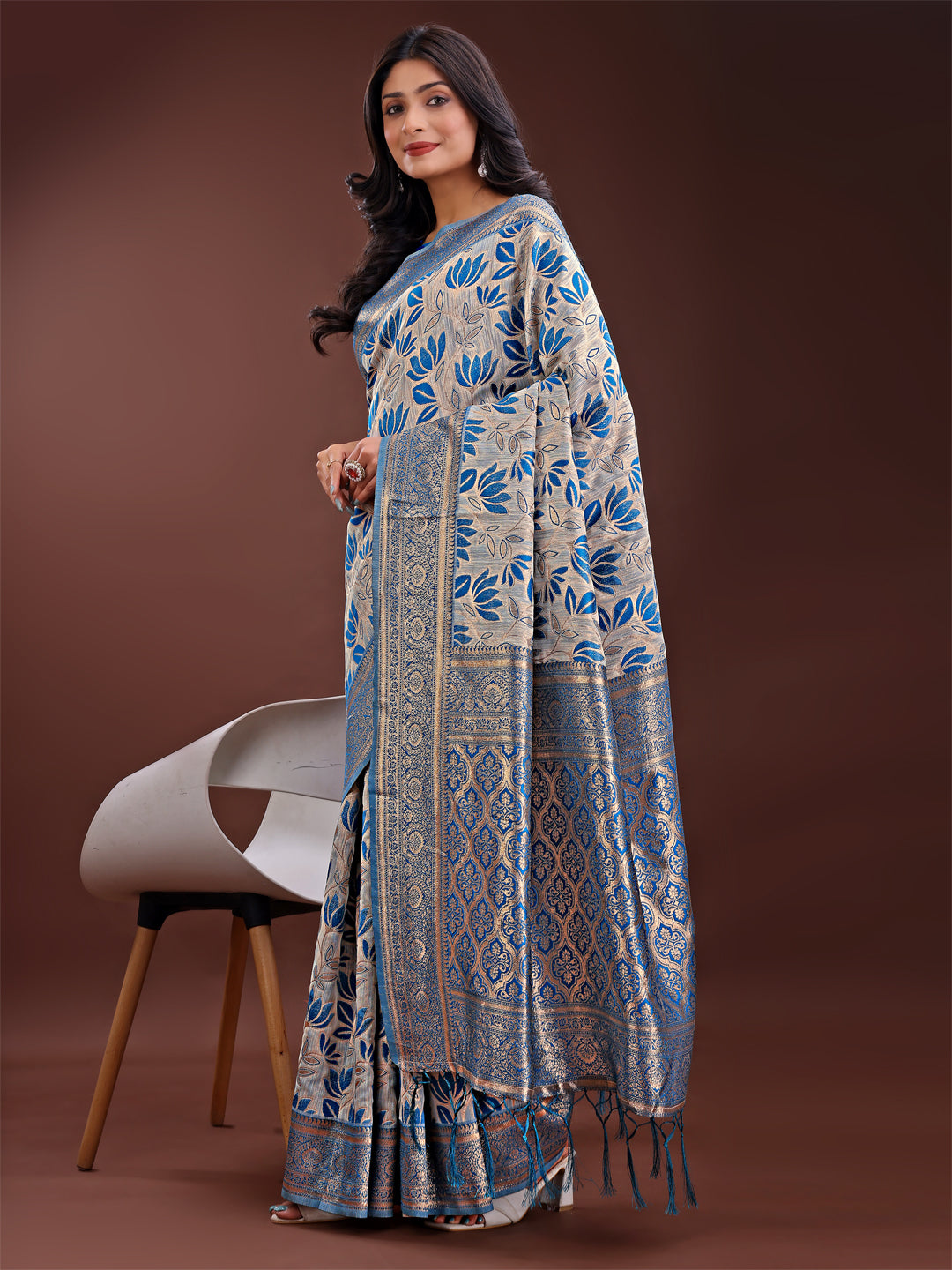 Shree Shyam Fashion Stunning Beige & Red Linen Saree with Floral Print and Rich Zari Pallu - Festive & Traditional Wear | Grocsy