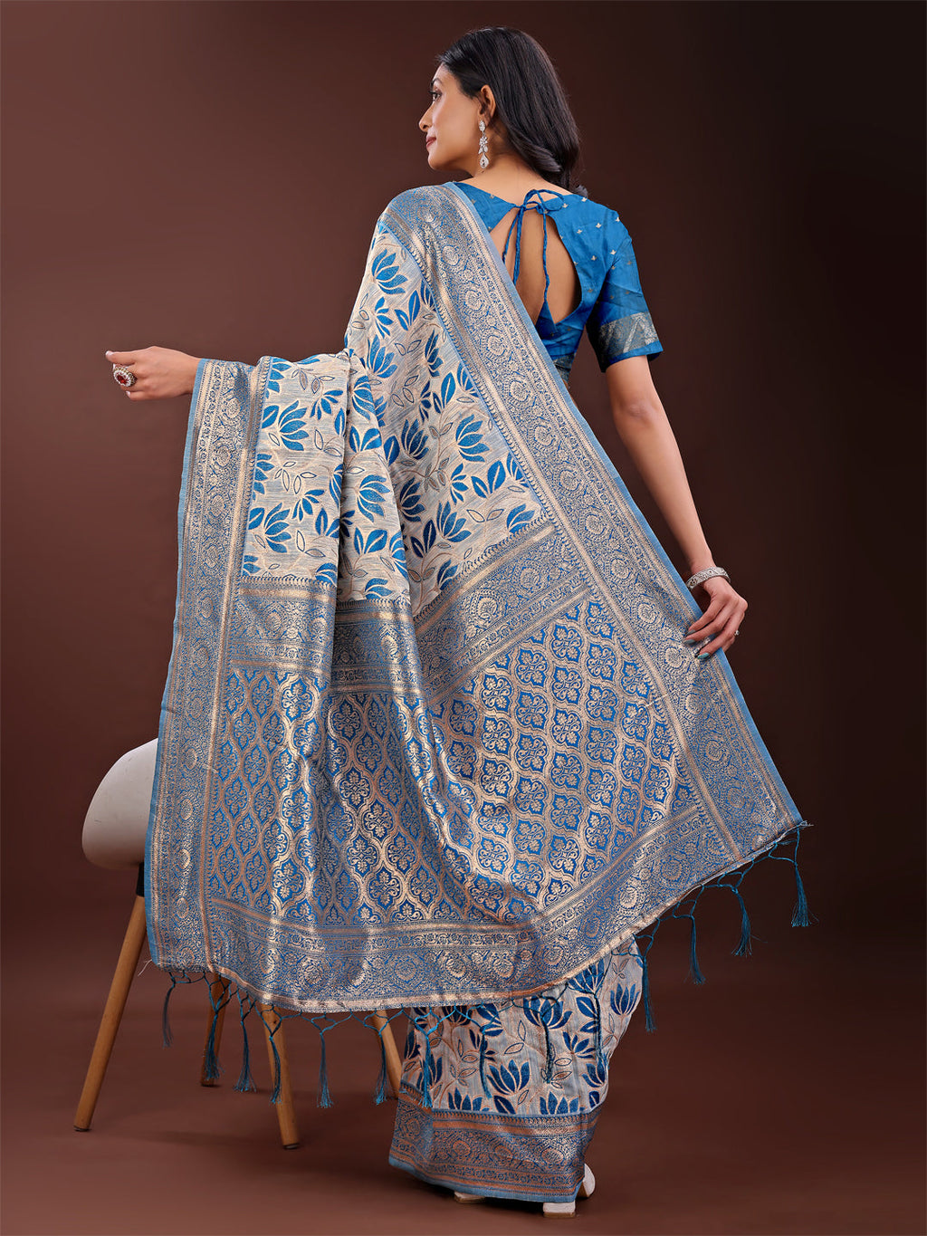Shree Shyam Fashion Stunning Beige & Red Linen Saree with Floral Print and Rich Zari Pallu - Festive & Traditional Wear | Grocsy