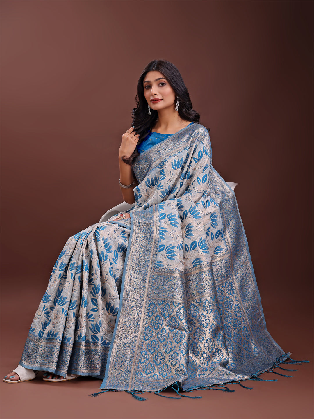 Shree Shyam Fashion Stunning Beige & Red Linen Saree with Floral Print and Rich Zari Pallu - Festive & Traditional Wear | Grocsy