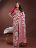 Shree Shyam Fashion Stunning Beige & Purple Linen Saree with Floral Print and Rich Zari Pallu - Festive & Traditional Wear | Grocsy