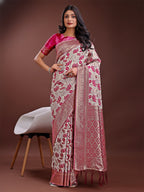Shree Shyam Fashion Stunning Beige & Purple Linen Saree with Floral Print and Rich Zari Pallu - Festive & Traditional Wear | Grocsy