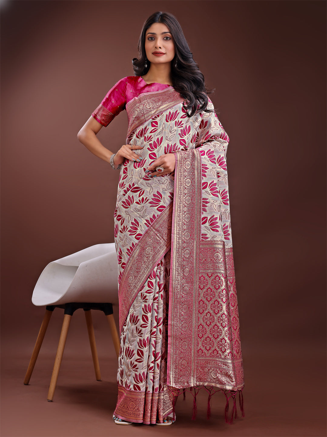 Shree Shyam Fashion Stunning Beige & Purple Linen Saree with Floral Print and Rich Zari Pallu - Festive & Traditional Wear | Grocsy