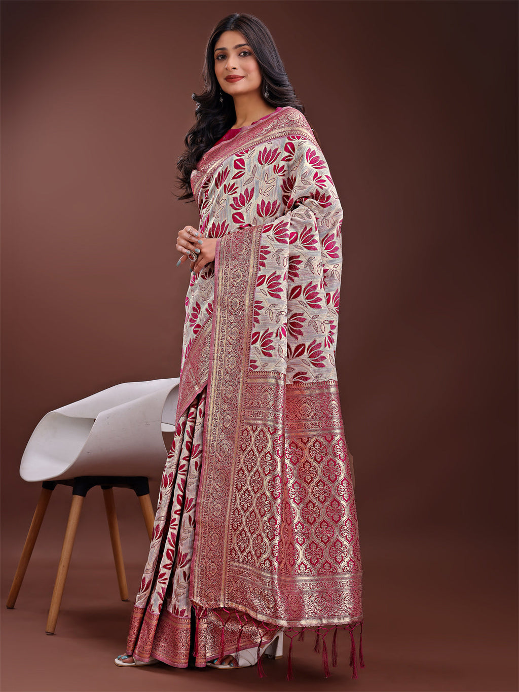 Shree Shyam Fashion Stunning Beige & Purple Linen Saree with Floral Print and Rich Zari Pallu - Festive & Traditional Wear | Grocsy