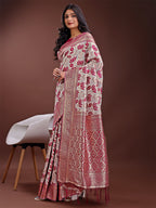 Shree Shyam Fashion Stunning Beige & Purple Linen Saree with Floral Print and Rich Zari Pallu - Festive & Traditional Wear | Grocsy