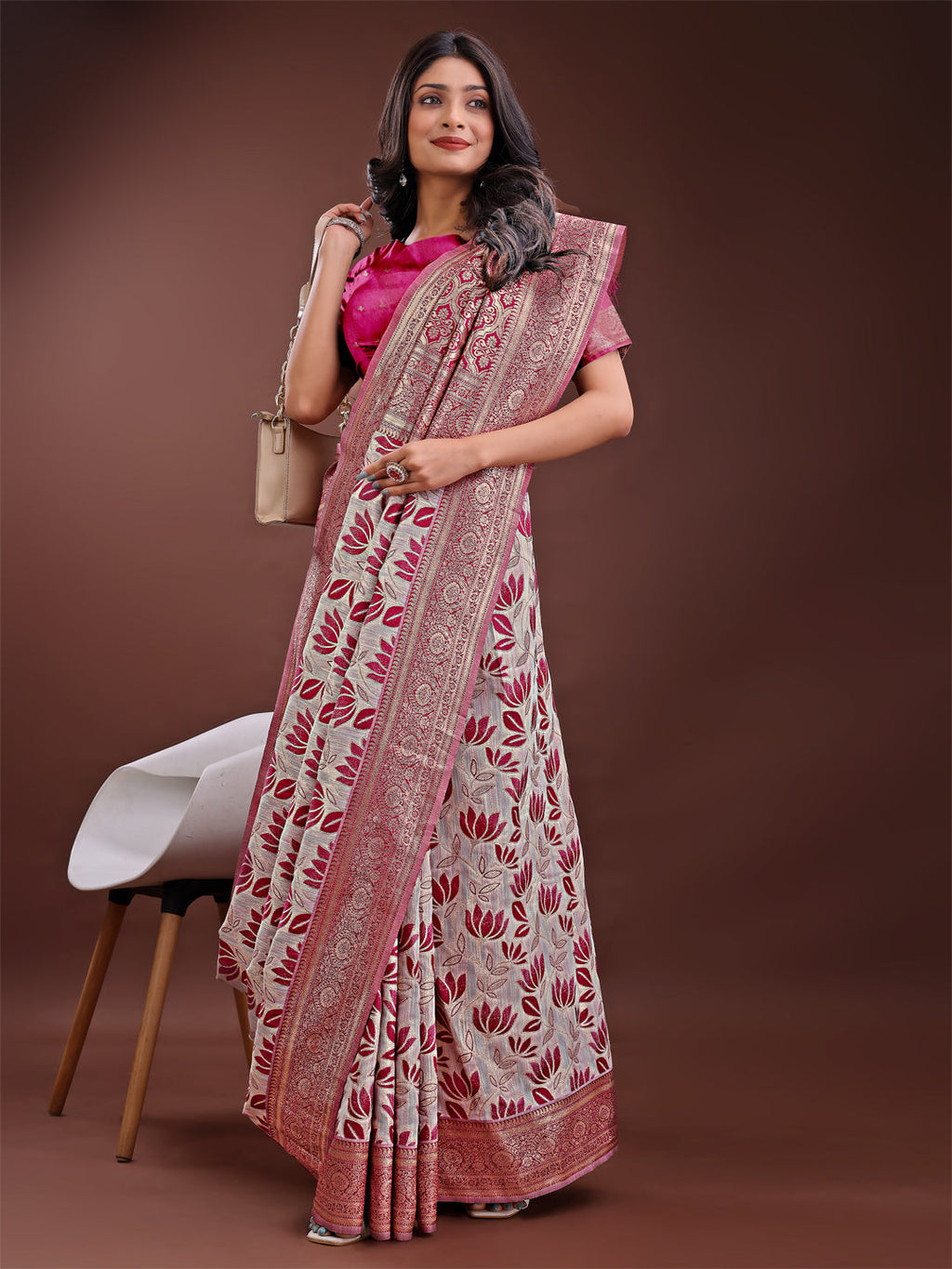 Shree Shyam Fashion Stunning Beige & Purple Linen Saree with Floral Print and Rich Zari Pallu - Festive & Traditional Wear | Grocsy