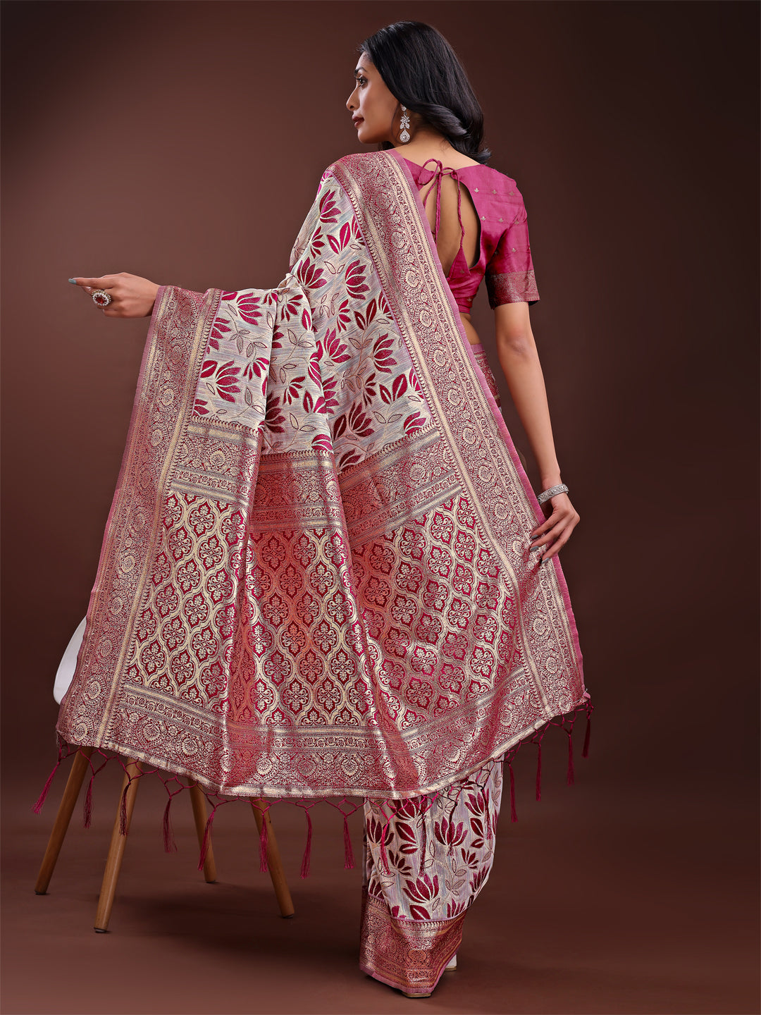 Shree Shyam Fashion Stunning Beige & Purple Linen Saree with Floral Print and Rich Zari Pallu - Festive & Traditional Wear | Grocsy