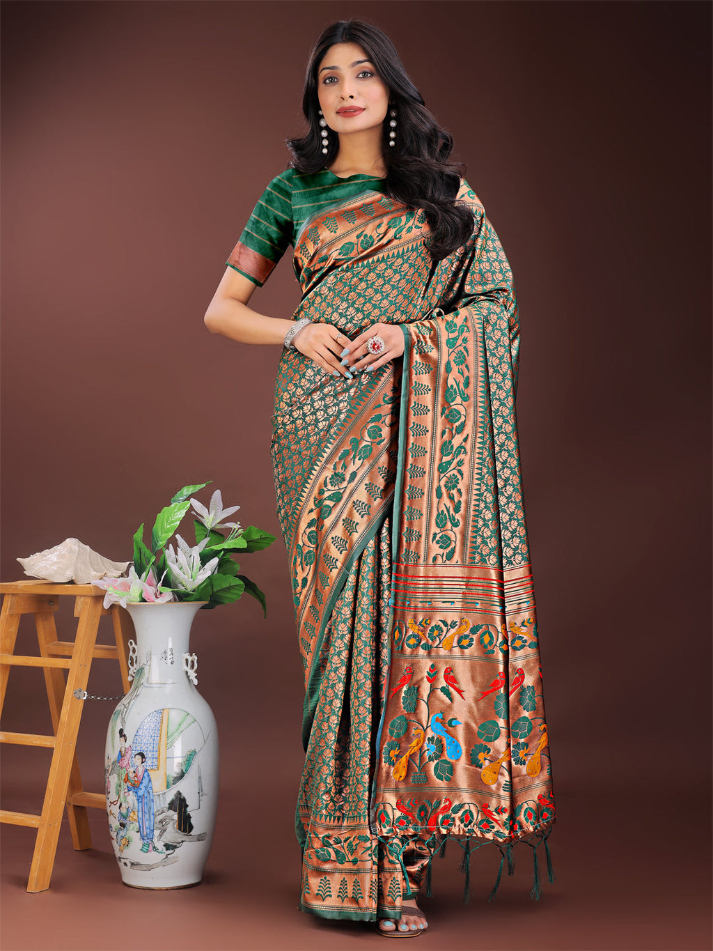Shree Shyam Fashion Vibrant Copper & Green Banarasi Silk Saree with Colorful Pallu - Perfect Blend of Tradition and Festive Elegance | Grocsy