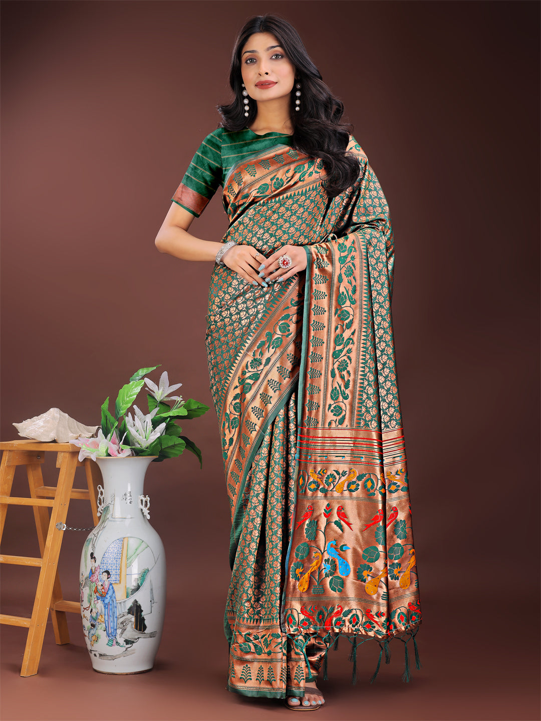 Shree Shyam Fashion Vibrant Copper & Green Banarasi Silk Saree with Colorful Pallu - Perfect Blend of Tradition and Festive Elegance | Grocsy