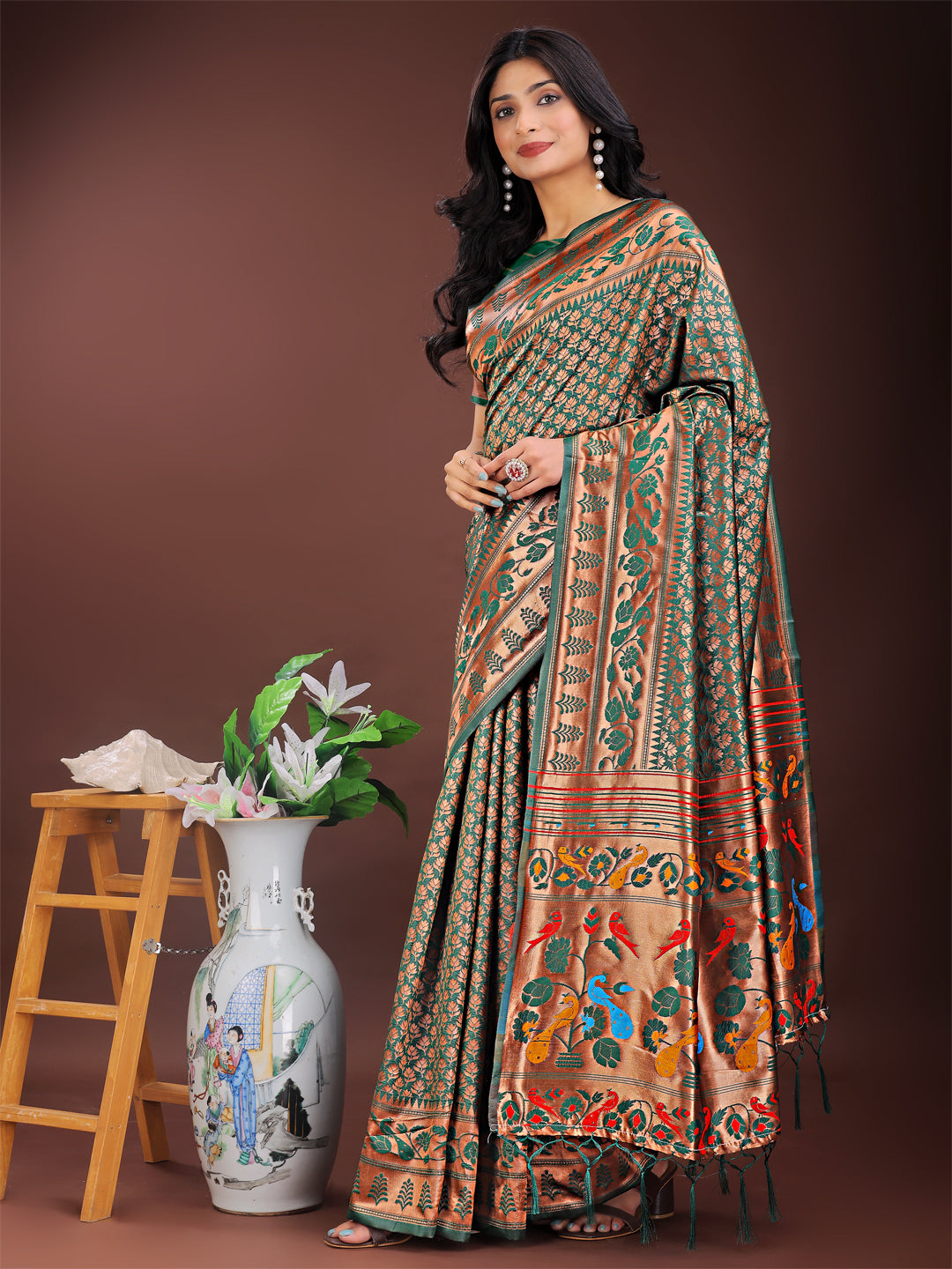 Shree Shyam Fashion Vibrant Copper & Green Banarasi Silk Saree with Colorful Pallu - Perfect Blend of Tradition and Festive Elegance | Grocsy