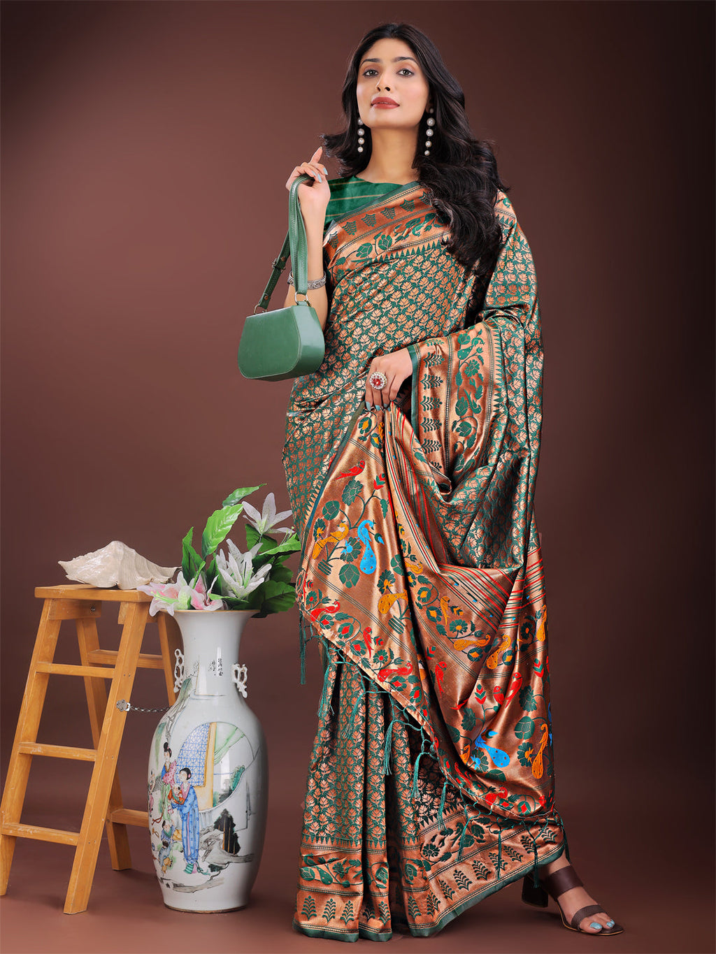 Shree Shyam Fashion Vibrant Copper & Green Banarasi Silk Saree with Colorful Pallu - Perfect Blend of Tradition and Festive Elegance | Grocsy